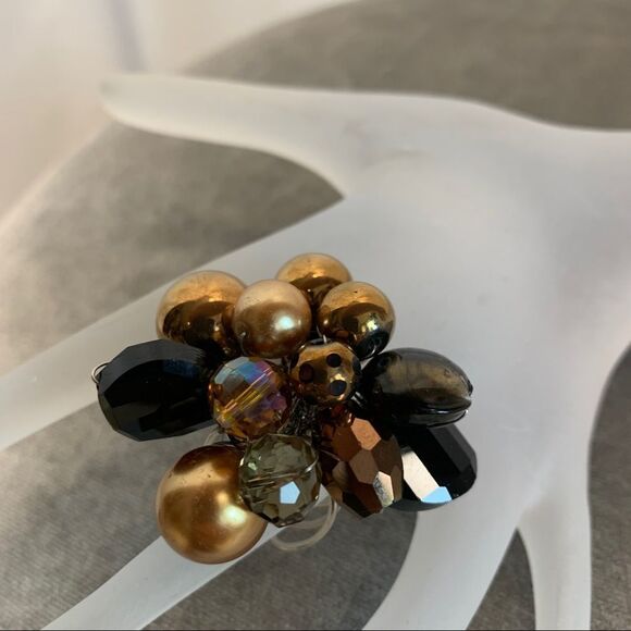BEAUTIFUL beaded clustered costume jewellery ring black Brown bronze - Picture 4 of 8